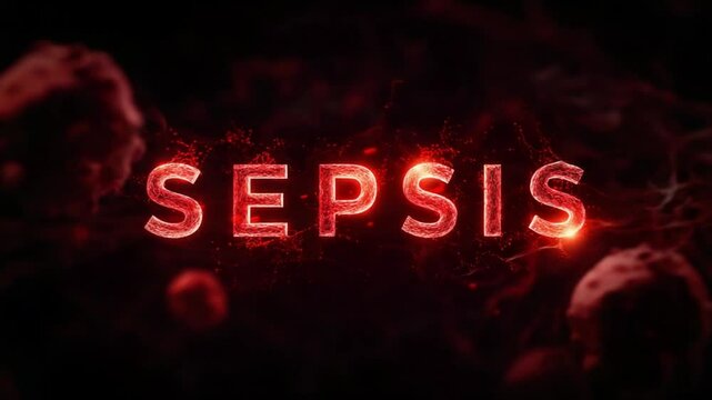 Glowing representation of the word 'SEPSIS' surrounded by abstract cellular imagery, highlighting medical awareness