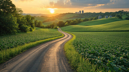 expansive green agriculture landscape with silos in distance