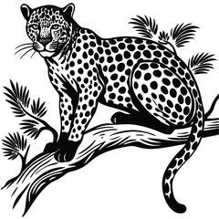 Black and White Leopard Illustration Perched on Tree Branch, Vector Art Design