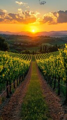 A breathtaking sunset casts golden hues over a sprawling vineyard in Tuscany. Rows of grapevines stretch toward the horizon under a colorful sky, creating a peaceful ambiance