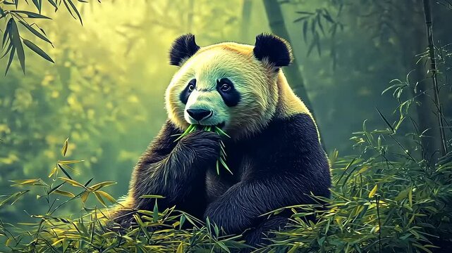 A serene panda munching on bamboo in a lush green forest, surrounded by soft sunlight filtering through trees
