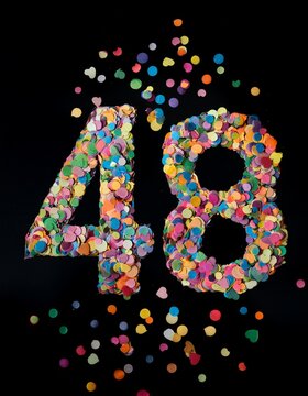 Number 48 made out of confetti with black background. Photo for forty-eighth birthday or anniversary party