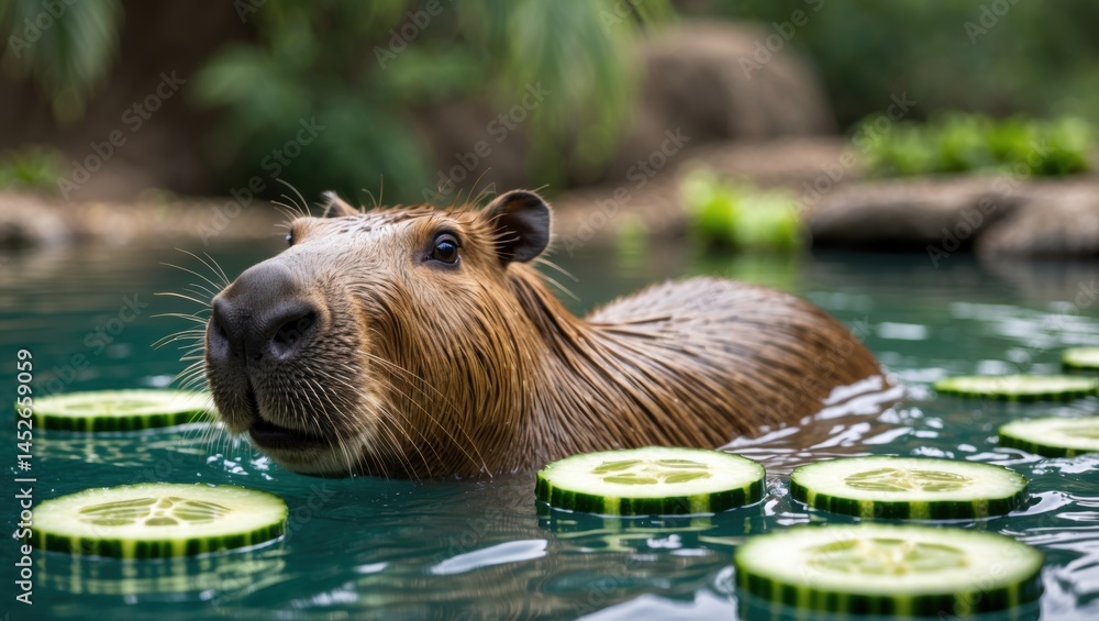 Poster capybara swimming in water with floating cucumber slices, surrounded by greenery