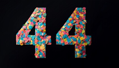 Number 44 made out of confetti with black background. Photo for forty-fourth birthday or anniversary party