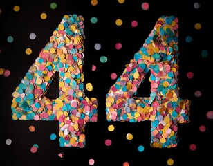 Number 44 made out of confetti with black background. Photo for forty-fourth birthday or anniversary party