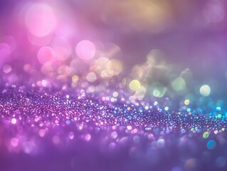 A shimmering surface of glitter with bokeh lights in shades of purple and pink and blue and gold