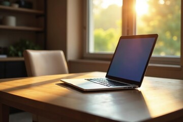 Empty chair at table, laptop closed, sunlight streaming, abandoned, room