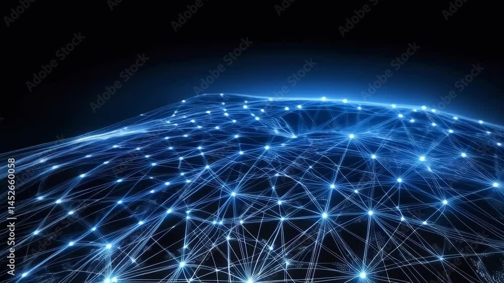Poster futuristic blue network connecting glowing nodes over undulating abstract grid; a complex system for