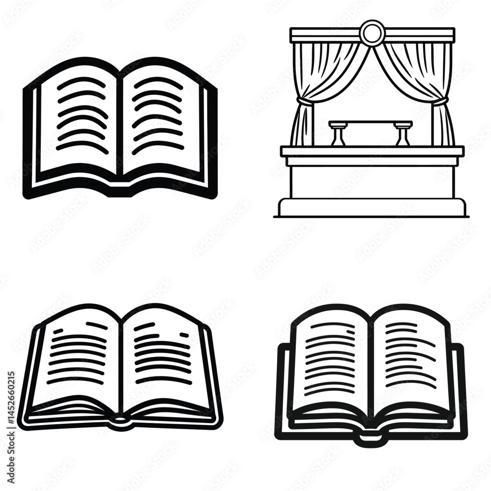 Aufkleber four icons featuring open book and stage with curtains on transparent background