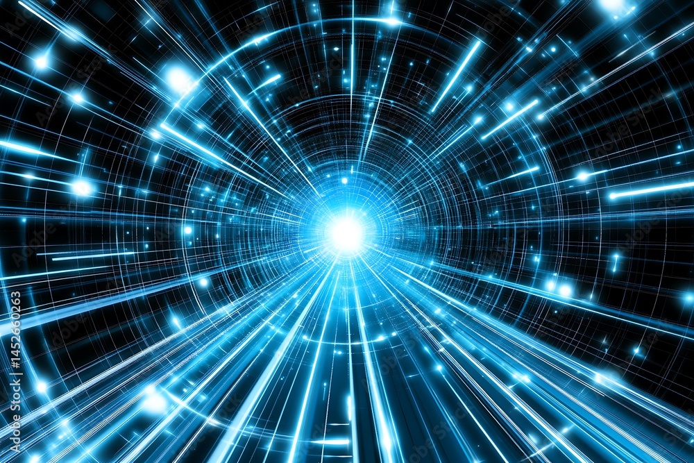 Poster abstract blue light speed data transfer background with high velocity energy particles in a digital 