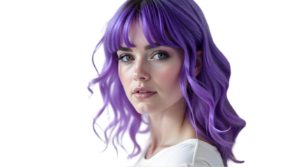 purple, brown, black, yleow, green, blue wigs on transparent background, PNG.
