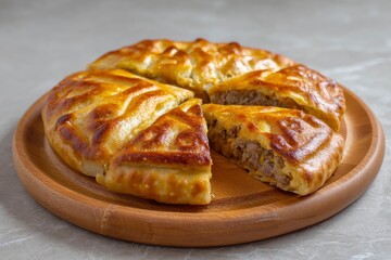 Meat Pie on Wooden Plate