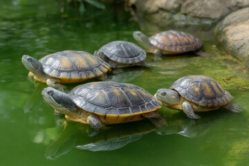 Naklejka premium Turtles in Green Pond