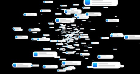 Fly through notifications in space. Galaxy of mobile alerts. Seamless loop of social media messages. Perspective tunnel of messenger text and chat boxes. MOV animation overlays. - Powered by Adobe