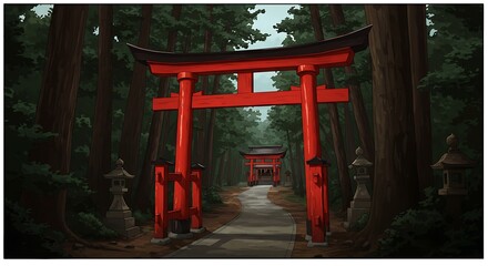 Japanese Torii Gate in Forest
