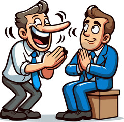 Cartoon Businessman with Long Nose Flattering Boss – Exaggerated Office Sycophant Character Illustration