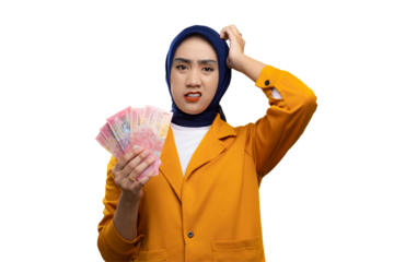 Confused young Asian woman holding money and scratching her head with worried expression isolated on transparent background