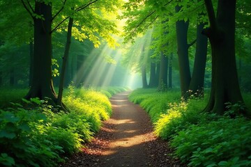 Fototapeta premium Sun-dappled path winding through lush green forest, foliage, leaves, trail