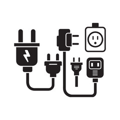Minimalist Icons of Plugs, Sockets, and Energy Connectors, Power Outlet and Plug Symbol Set in Monochrome Style