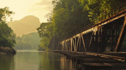 Rusty metal bridge over serene lake, nestled in a lush forest.