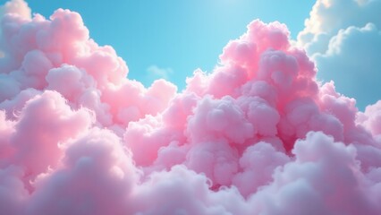 Fluffy cotton candy resembling clouds, Fairground setting with vibrant sky, Whimsical and dreamy atmosphere, Sweet treat in imaginative context