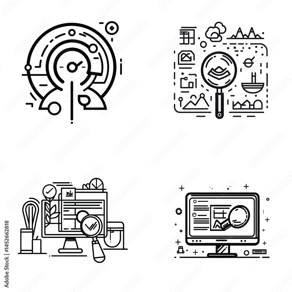 Aufkleber four line art diagrams with statistics, magnifying glass, and computer icons on transparent backgrou