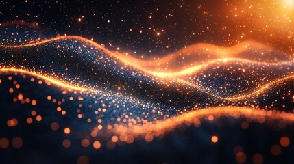 Abstract glowing particles, wavy design, warm sunset background