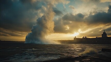 Hydroelectric dam releasing water powerfully Generating