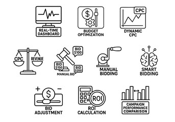 paid traffic advertising optimization concept. Digital marketing analytics icons showcasing various bidding strategies and optimizations.