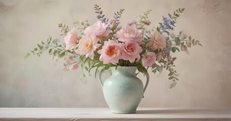 Fototapeta premium Delicate pastel watercolor blooms in a vintage vase , wall art, pretty, illustration