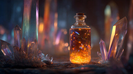A glowing glass bottle with shimmering liquid surrounded by radiant multicolored crystals, set in a fantastical cave with magical ambiance.