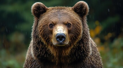 Fototapeta premium Brown bear portrait in rainy forest, intense stare