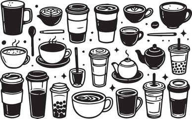A black and white hand-drawn illustration of various coffee and tea cups