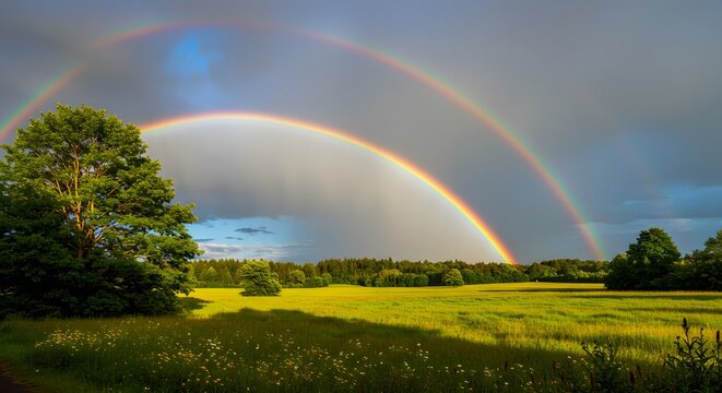Double rainbow over a green field with trees and cloudy sky - Powered by Adobe