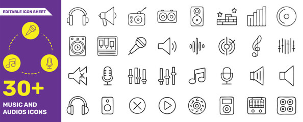 Music and Audio Icons Collection - 30+ Editable Line Icons for Sound, Music, and Audio Themes