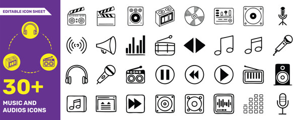 Music and Audio Icons Collection - 30+ Editable Line Icons for Sound, Music, and Audio Themes