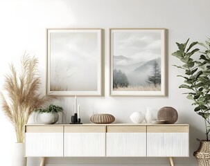 Modern Minimalist Living Room Interior with Landscape Prints
