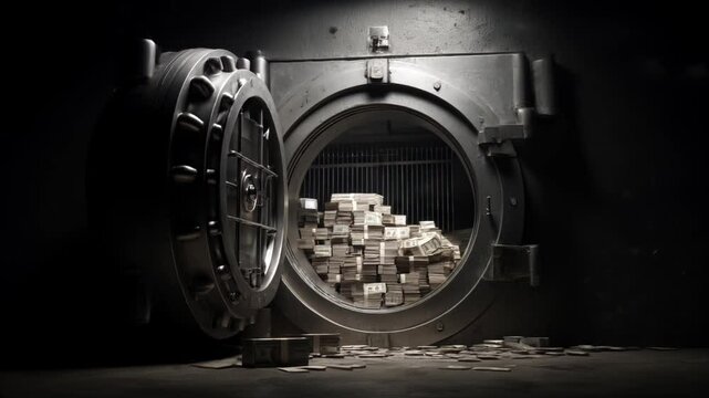 Open round large safe door and inside it stacks of dollars, noire style, cinematic 4k
