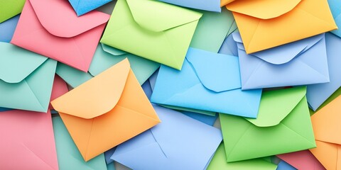 A colorful assortment of pastel colored envelopes stacked together in a random arrangement style