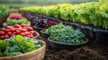 organic vegetable farm landscape with rows of diverse plants and compost area