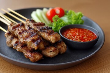 Fototapeta premium Pork Satay with Chili Sauce and Vegetables on Plate