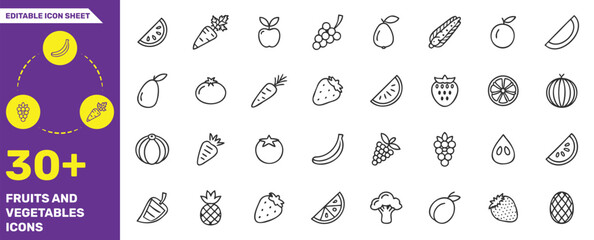 Fruits and Vegetables Icons Collection - 30+ Editable Line Icons for Healthy Food and Nutrition