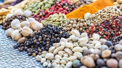 Fototapeta premium Vibrant Aromatic Spices Collection, Diverse Peppercorns, Cardamom, Turmeric, and More