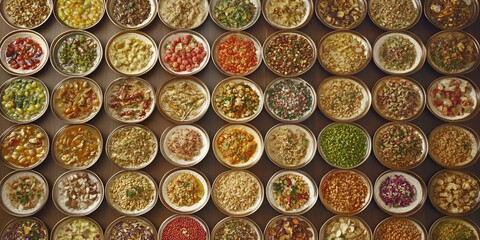 Overhead shot of many small bowls filled with various types of food preparations on a brown surface