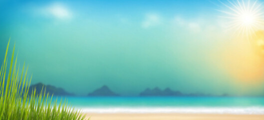illustration stylized illustration of sunny beach landscape with sand water islands sky and grass foreground