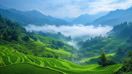 Fototapeta premium rice field terraces in hilly agriculture landscape, mist rising