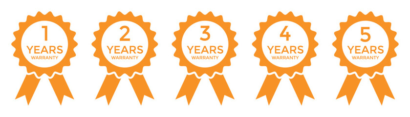 Warranty Icon and Sticker Set – 1 to 5 Years Guarantee Seals, Black Shield and Golden Hexagon Vector Collection.