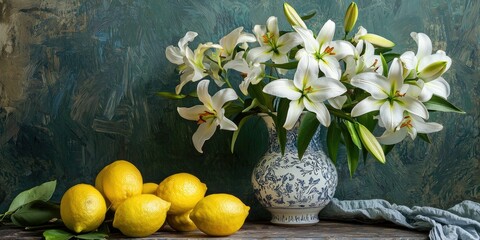 A vintage still life with yellow lemons and blooming white lilies in a porcelain vase
