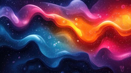 Obraz premium Abstract vibrant flowing liquid waves, dark background, bubbles. Possible use digital art, wallpaper, graphic design