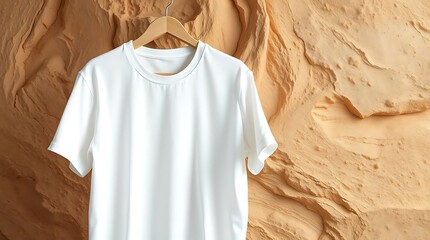 White T-Shirt on Hanger – Front View with Textured Backdrop